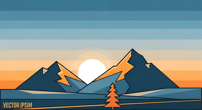 Minimalist vector illustration of majestic mountains at sunset with a lone pine tree in the foreground