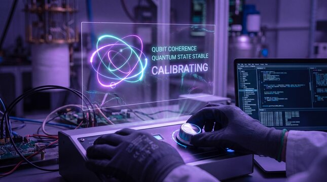 Gloved hands calibrating quantum computer with holographic qubit coherence display in tech lab