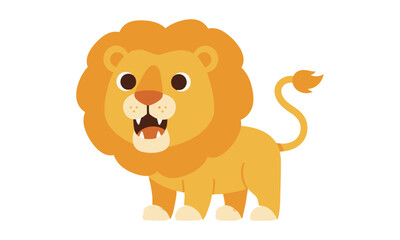 Fototapeta premium Cheerful stylized lion character with rounded shapes in a playful pose standing on a white background, friendly animal mascot design