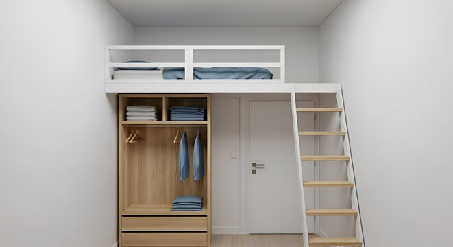 Modern loft bed with built-in wardrobe and ladder in a white minimalist room