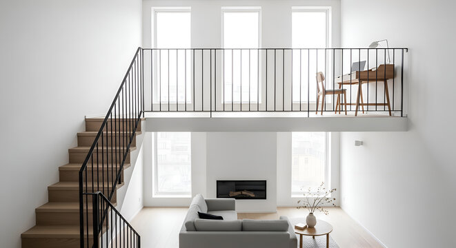 Modern minimalist interior with open loft and staircase leading to a workspace