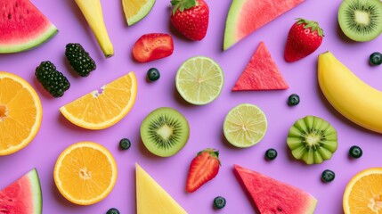 Naklejka premium Colorful Assortment of Fresh Fruits Arranged on Vibrant Purple Background, Including Watermelon, Strawberry, Lime, Banana, and More