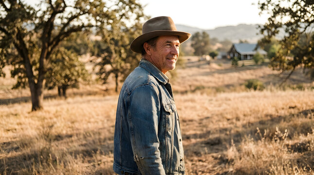 Cowboy rancher man hat denim jacket rural field sunset portrait, smiling cowboy rancher man wearing hat and denim jacket walking through rural field sunset, oak tree and farmhouse background