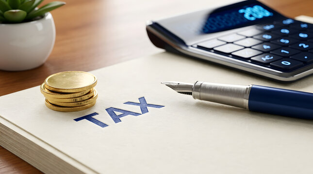 Tax coin calculator pen finance document accounting budget savings office desk with tax document coin stack calculator fountain pen wooden table finance accounting concept budget planning