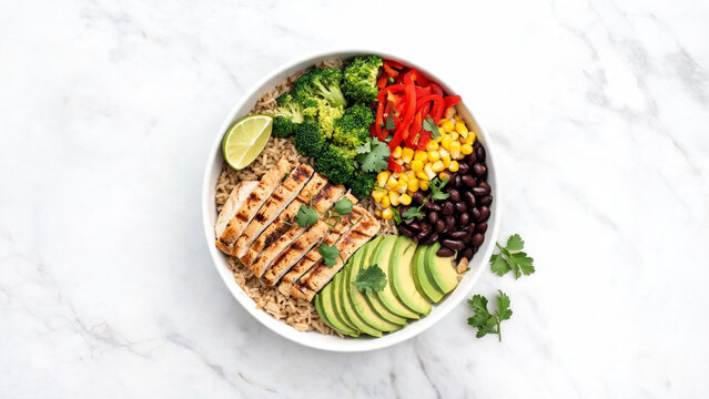 Healthy meal prep bowl with colorful ingredients from above