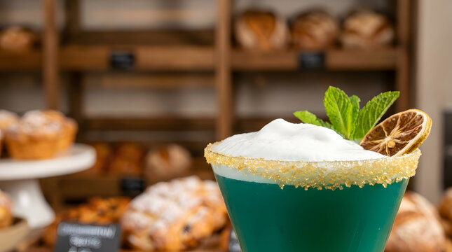 Teal cocktail sugar rim foam mint dried citrus bakery