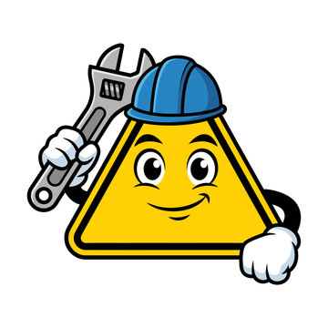 Cartoon Caution Sign Mascot Holding Wrench Tool Maintenance K3 Industrial Safety Vector Illustration