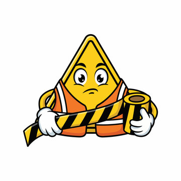 Caution Sign Mascot Holding Yellow Black Hazard Barrier Tape Do Not Enter K3 Vector Illustration