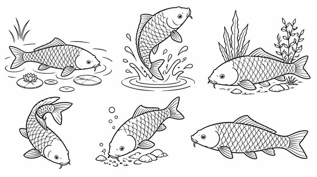 Set of Hand-Drawn Koi Carp Fish in Various Poses, Line Art Style