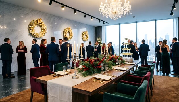 luxury christmas corporate event interior with elegant dining table and business gathering