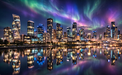 Fototapeta premium A bright city view at night from a distance, with a colorful aurora in the night sky.
