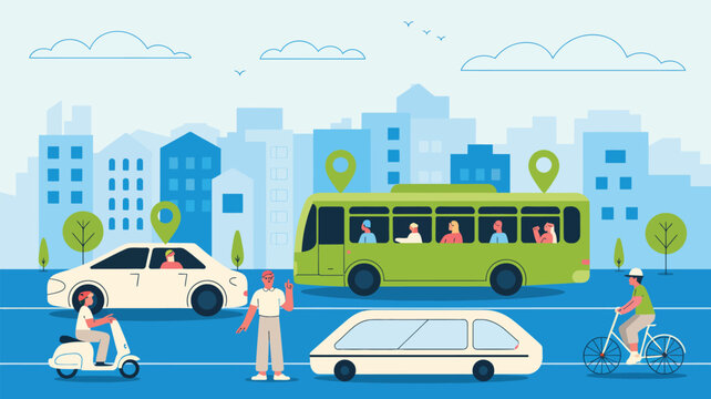 Urban street scene depicts various city transportation methods with people traveling and a skyline view