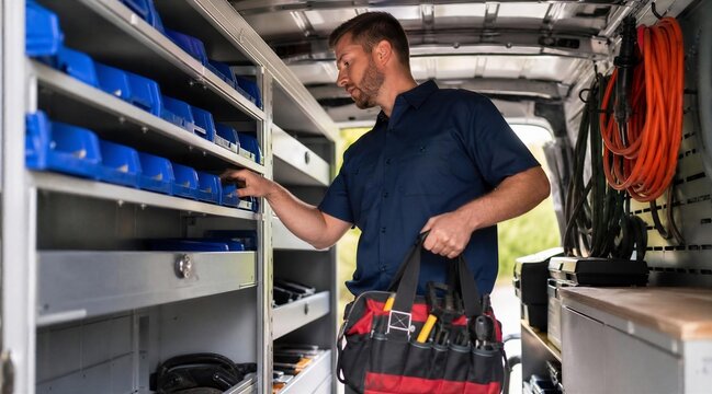 Service worker organizing parts in a van