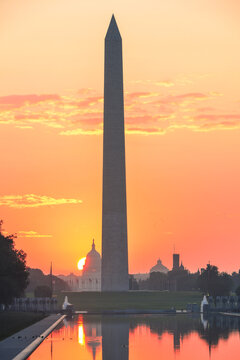Washington D.C. skyline with silhouettes of monuments during sunrise - Washington D.C. United States of America
