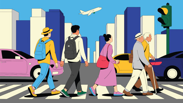 Various people cross a wide urban street at a pedestrian crossing with colorful cars waiting