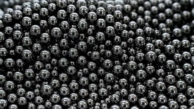 Shiny metal balls moving in a continuous loop pattern. Steel sphere texture surface oscillating in a repetitive motion. Industrial abstract background visual effect.