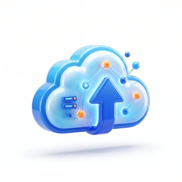3D cloud computing icon with upward growth arrow. Digital data storage and scalable technology concept for business innovation.