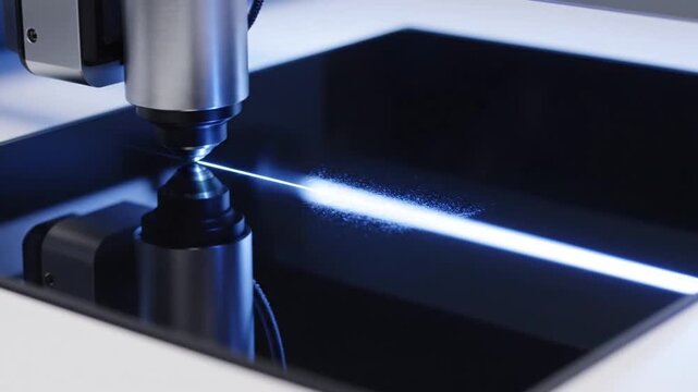Laser beam cutting dark reflective material in modern industrial facility