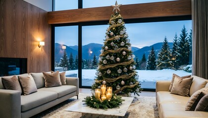 Fototapeta premium luxury modern living room with christmas tree and snowy mountain winter view