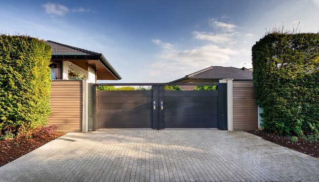 a main gate with a pivoting mechanism that opens outward in a sweeping motion creating a dramatic and welcoming entrance to the modern house in