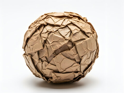 Abstract sphere made of broken brown paper pieces isolated on white background