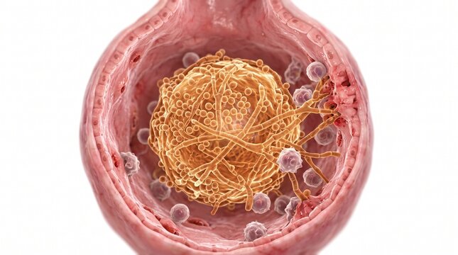 3D Microscopic Diagram of Aspergillus Fungus Ball in Lung Alveolus