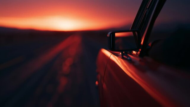 Cinematic POV side mirror view of vintage car driving down highway at sunset, chill lo-fi background and b-roll for creators