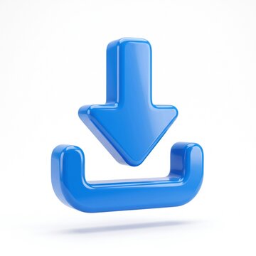 3D download icon with downward arrow symbol. Glossy blue cloud data transfer button for digital interfaces.
