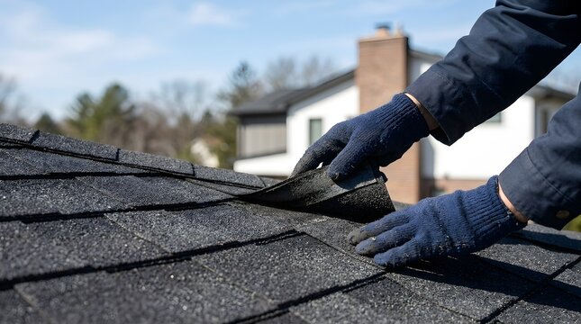 Manual labor worker inspecting shingle layers on house roof surface during clear bright spring day. Worker hands checking shingles on a rooftop exterior. roofer, inspection, shingles