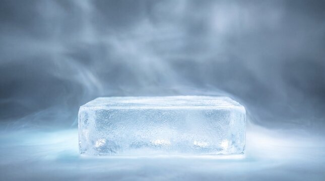 Ice cube podium with cold fog mist background for product display