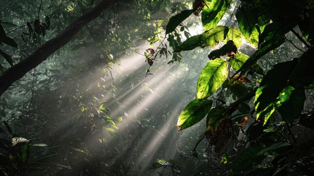 Forest sunlight through green foliage