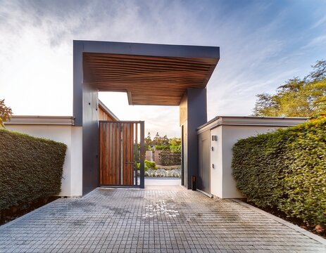 a main gate design with a cantilevered structure creating a sense of weightlessness and architectural intrigue that adds a touch of drama to the entrance of the modern house in