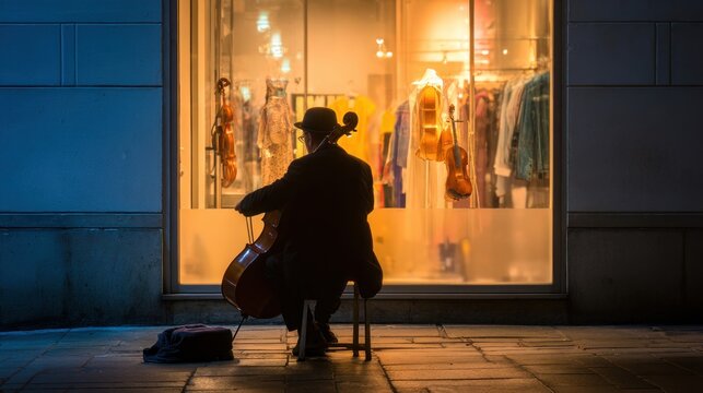 Cellist playing music outdoors at night