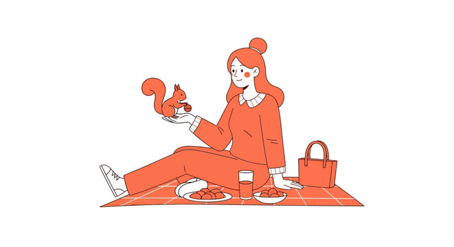 Young woman having a picnic with squirrel outdoors