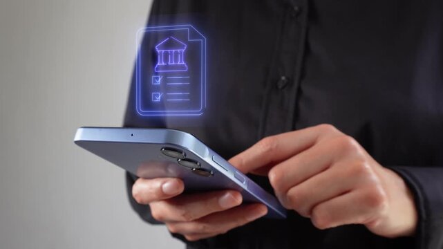 Businesswoman with smartphone in hand with a virtual icon of a bank document