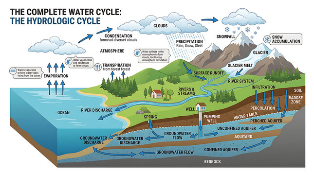 Comprehensive Educational Illustration of the Earth's Hydrologic Cycle Showing Water Movement in Nature