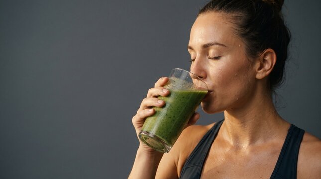 Woman drinking green smoothie after workout sweat healthy lifestyle