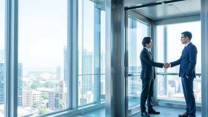 Fototapeta premium Two businessmen shake hands in a modern elevator with cityscape view.