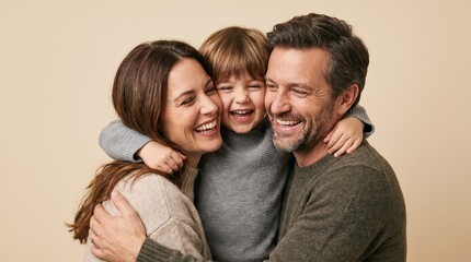Fototapeta premium Happy family embracing with joy and laughter, parents hugging their child