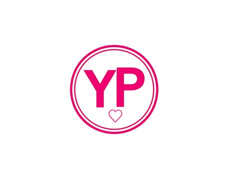 A vibrant pink circular design features the initials "YP" within a double-lined circle, accompanied by a small heart
