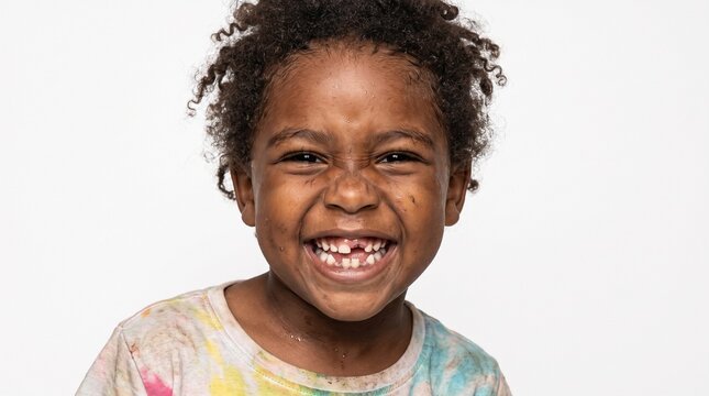 Joyful young child with missing front teeth laughing heartily