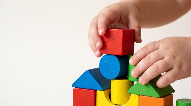 Childs hands stacking colorful wooden building blocks on a white background