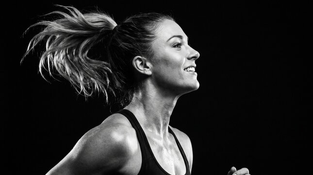 Fit Woman Running with Sweat and Windblown Hair in Black and White