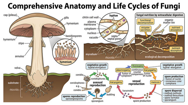 Comprehensive Educational Diagram of Fungi Anatomy Life Cycles and Biological Nutrition Process
