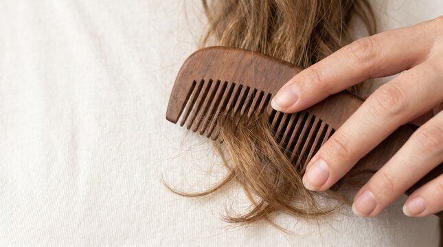Close up of a hand combing tangled brown hair with a wooden comb
