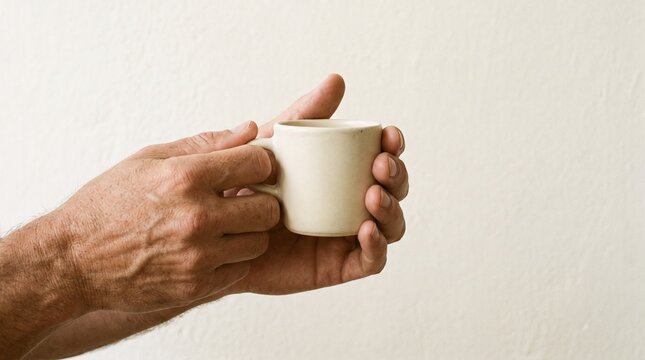 Close up of hands holding a small ceramic mug against a plain background