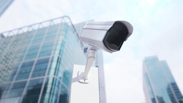 CCTV security camera on a building city background. 3d animation.