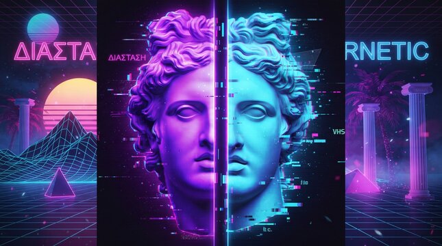 Vaporwave aesthetic greek statue with glitch effects, retro synthwave bust of Apollo in neon pink and blue, cybernetic ancient sculpture art