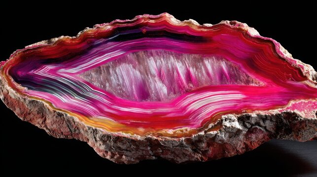 Vibrant cross-section of a pink and red agate gemstone showcasing intricate banded layers and crystalline interior formations