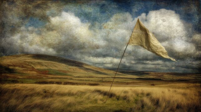 Textured white surrender flag waving in a dramatic, cloudy sky over rolling hills and fields